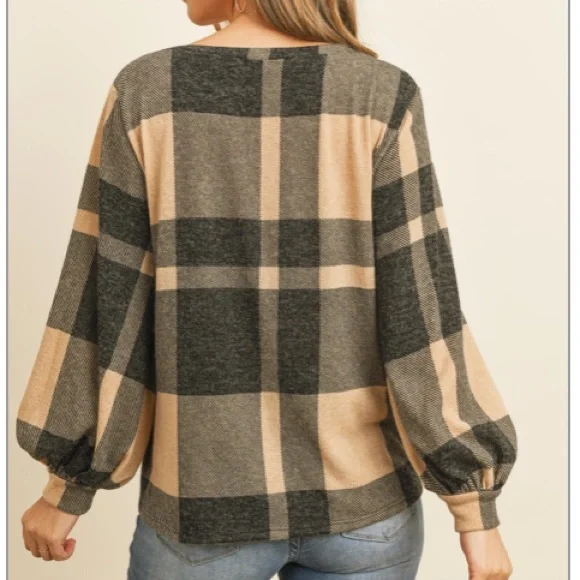 Black & Tan Plaid Puff Sleeve Top - Picture 9 of 9